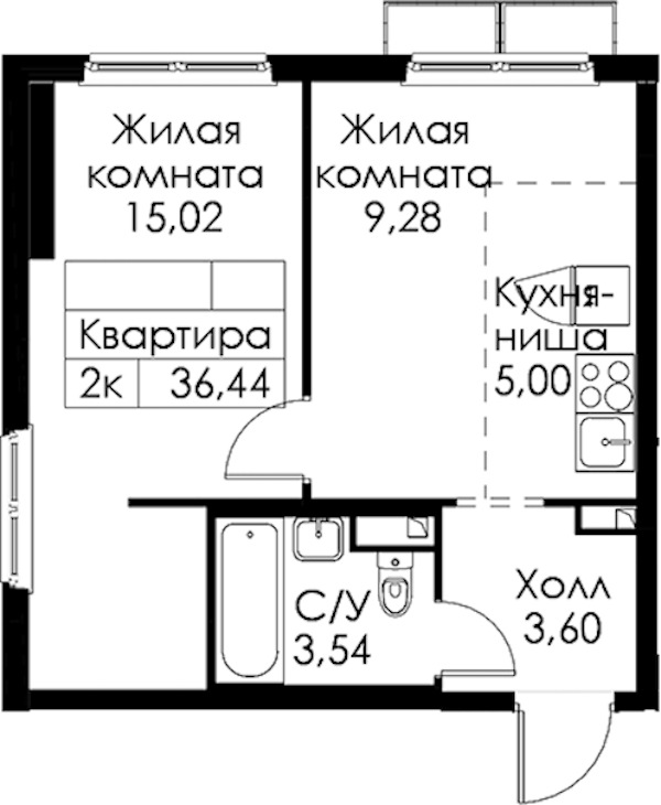 1-комнатная квартира 36.44 м², 8/15 эт., ЖК «Янинский лес»